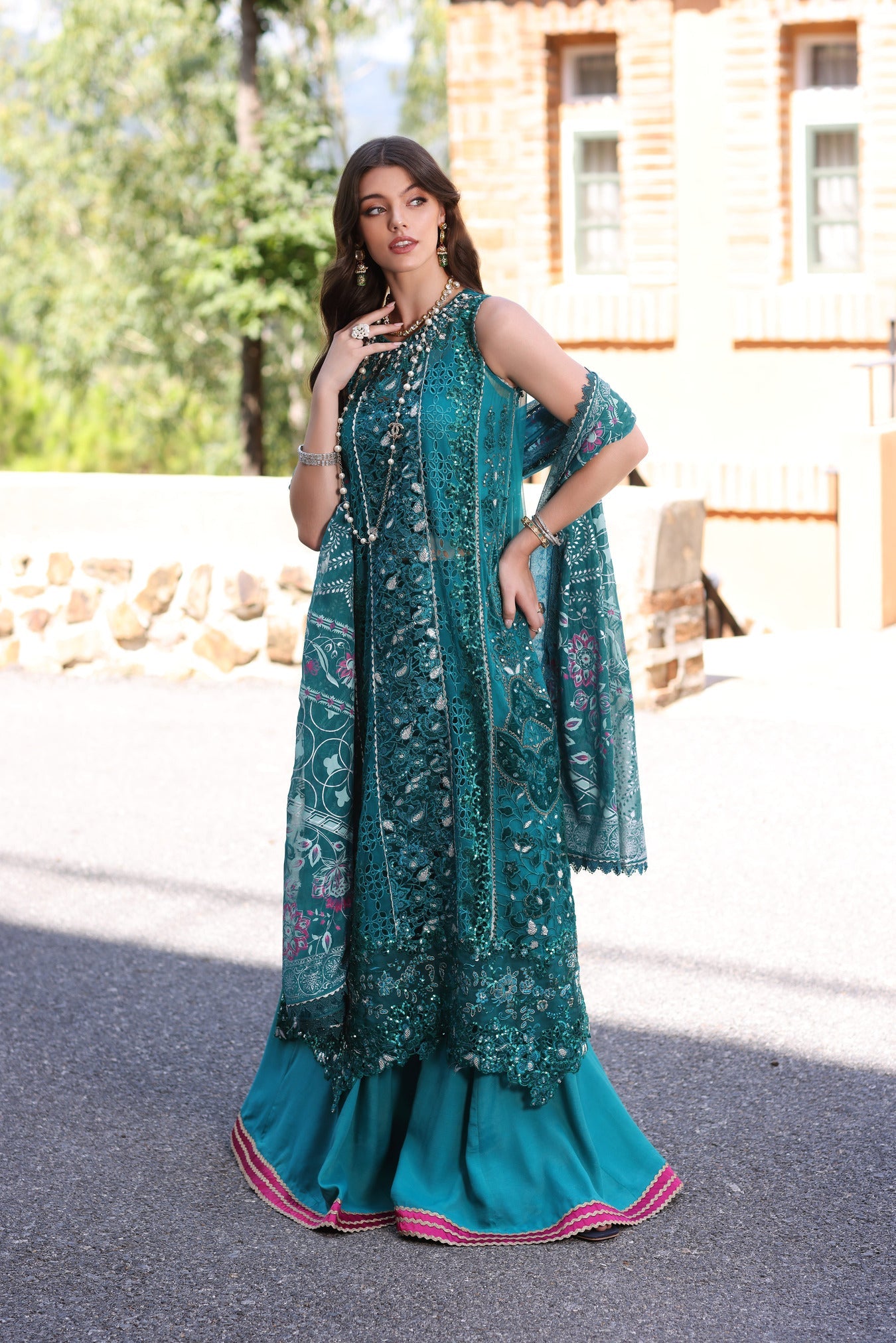 Noor Chiffon Handwork Schiffli And Laserkari CLK-23-Malachite-D8-Zarish