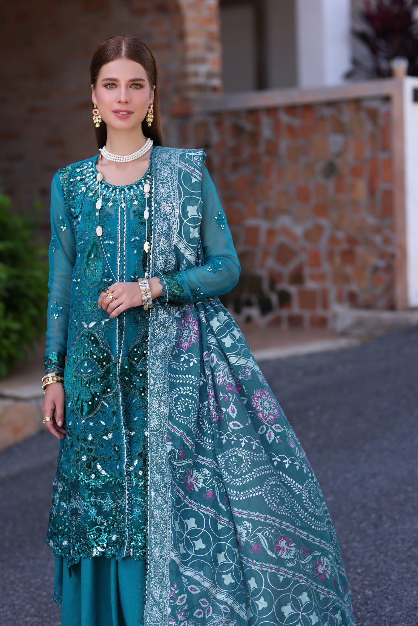 Noor Chiffon Handwork Schiffli And Laserkari CLK-23-Malachite-D8-Zarish