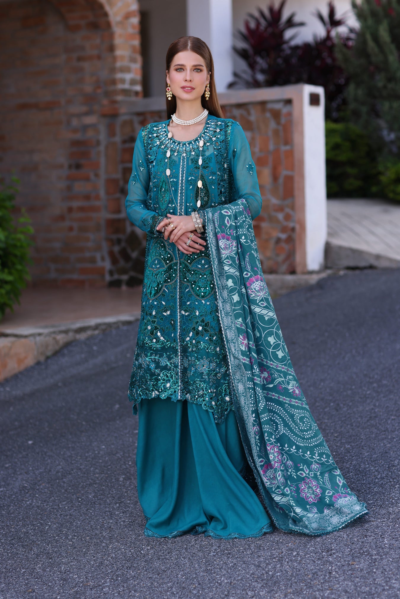 Noor Chiffon Handwork Schiffli And Laserkari CLK-23-Malachite-D8-Zarish