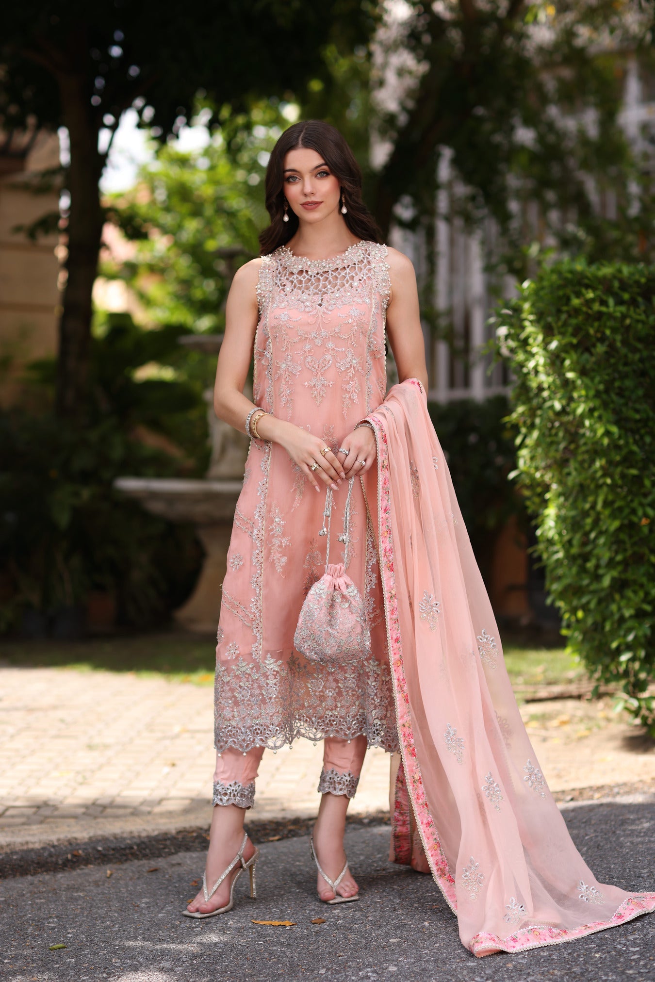 Noor Chiffon Handwork Schiffli And Laserkari CLK-23-Peach-D2-Ekai