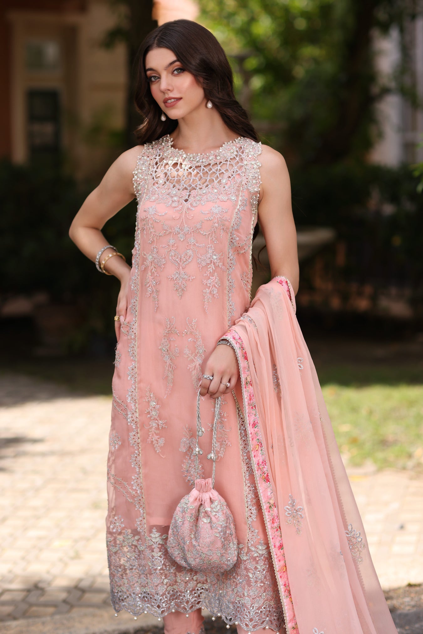 Noor Chiffon Handwork Schiffli And Laserkari CLK-23-Peach-D2-Ekai