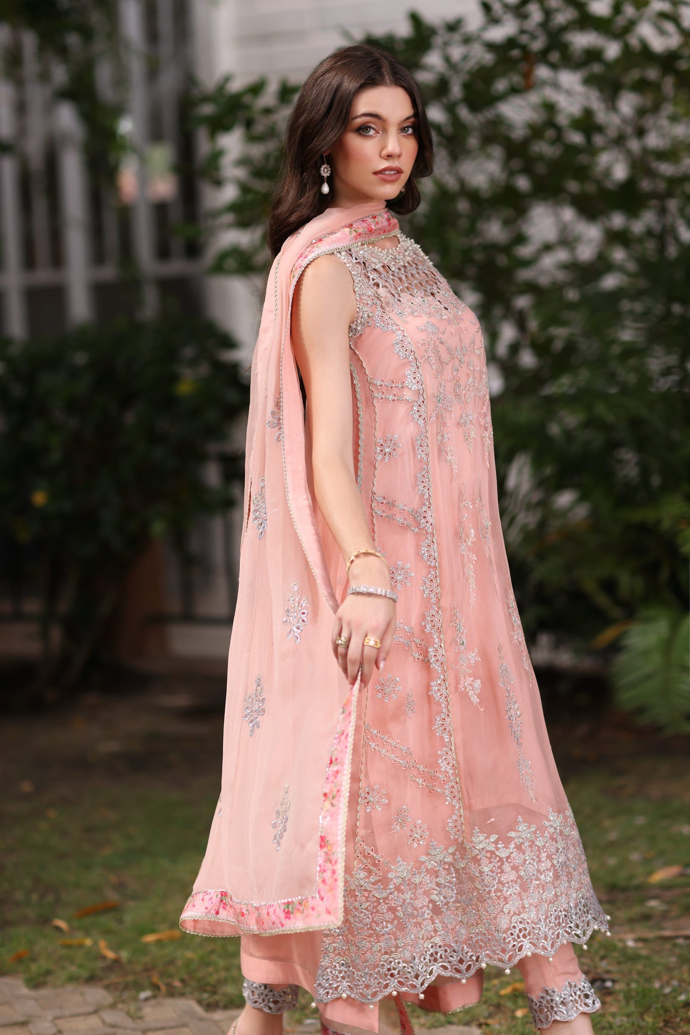 Noor Chiffon Handwork Schiffli And Laserkari CLK-23-Peach-D2-Ekai