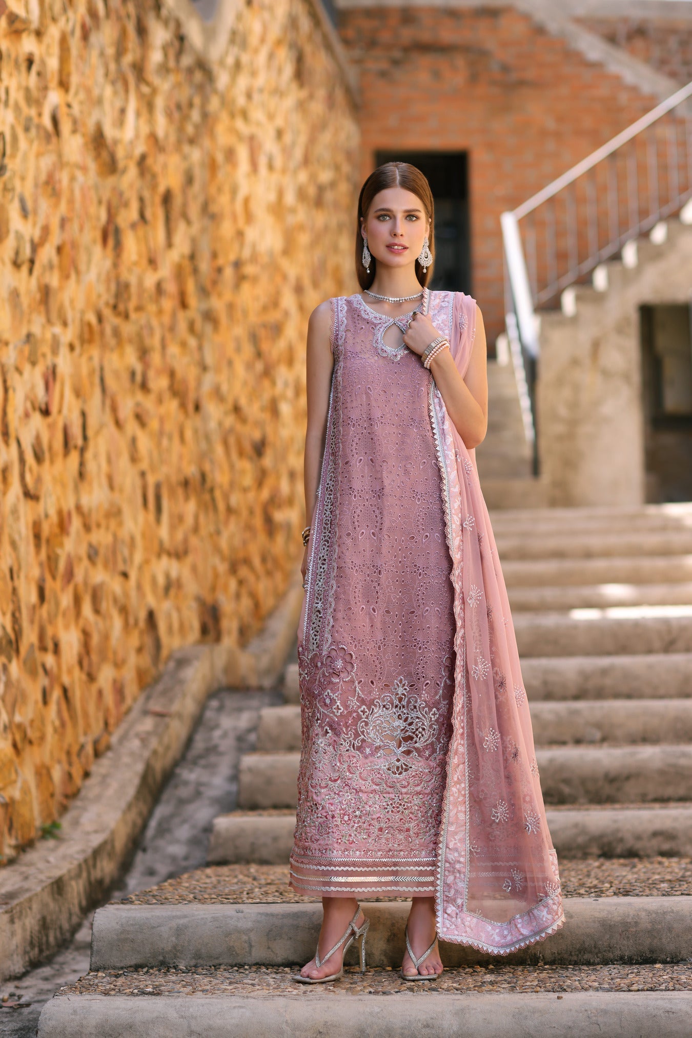 Noor Chiffon Handwork Schiffli And Laserkari CLK-23-Tea-Pink-D5-Zuria