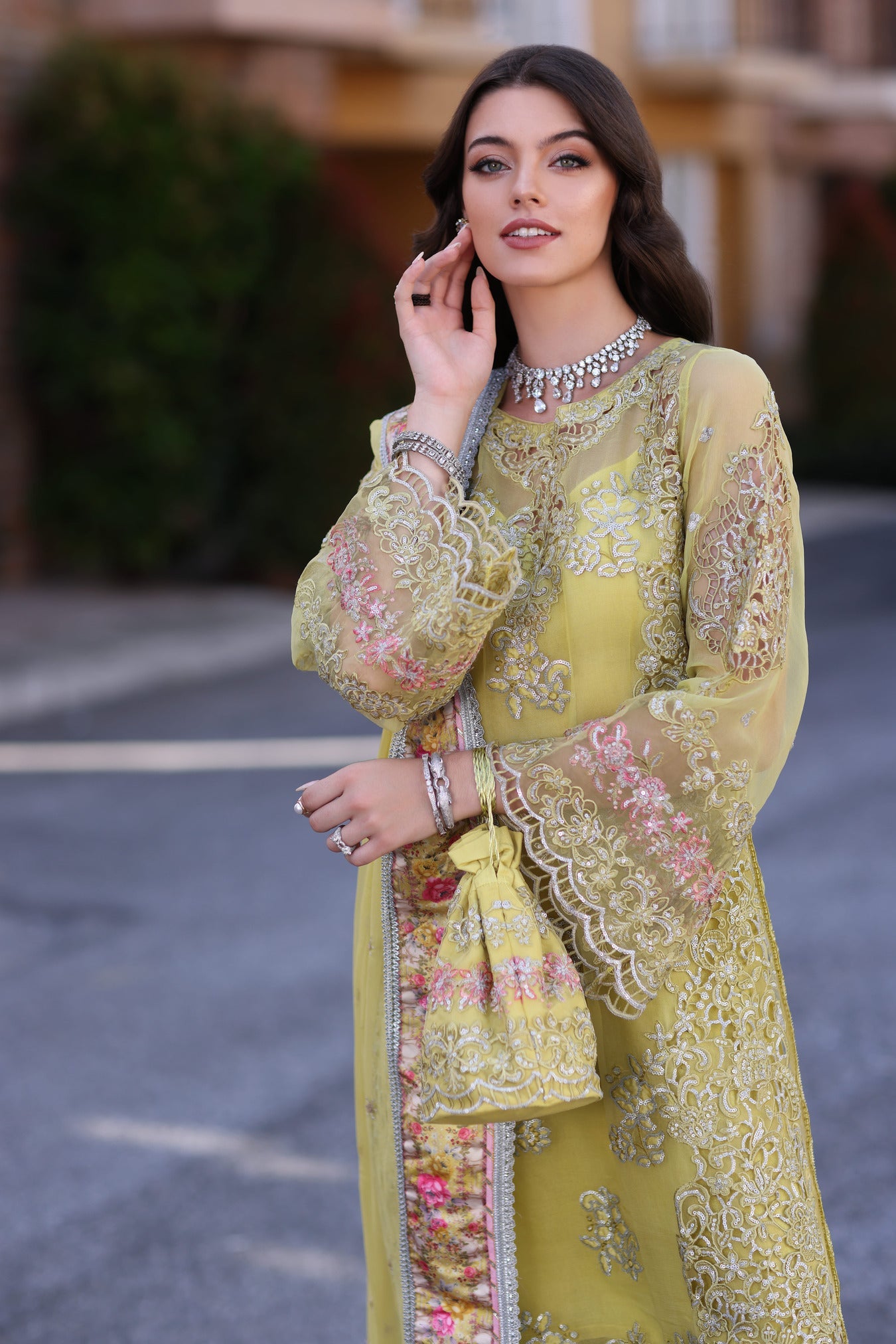 Noor Chiffon Handwork Schiffli And Laserkari CLK-23-Lime-Yellow-D4-Minali