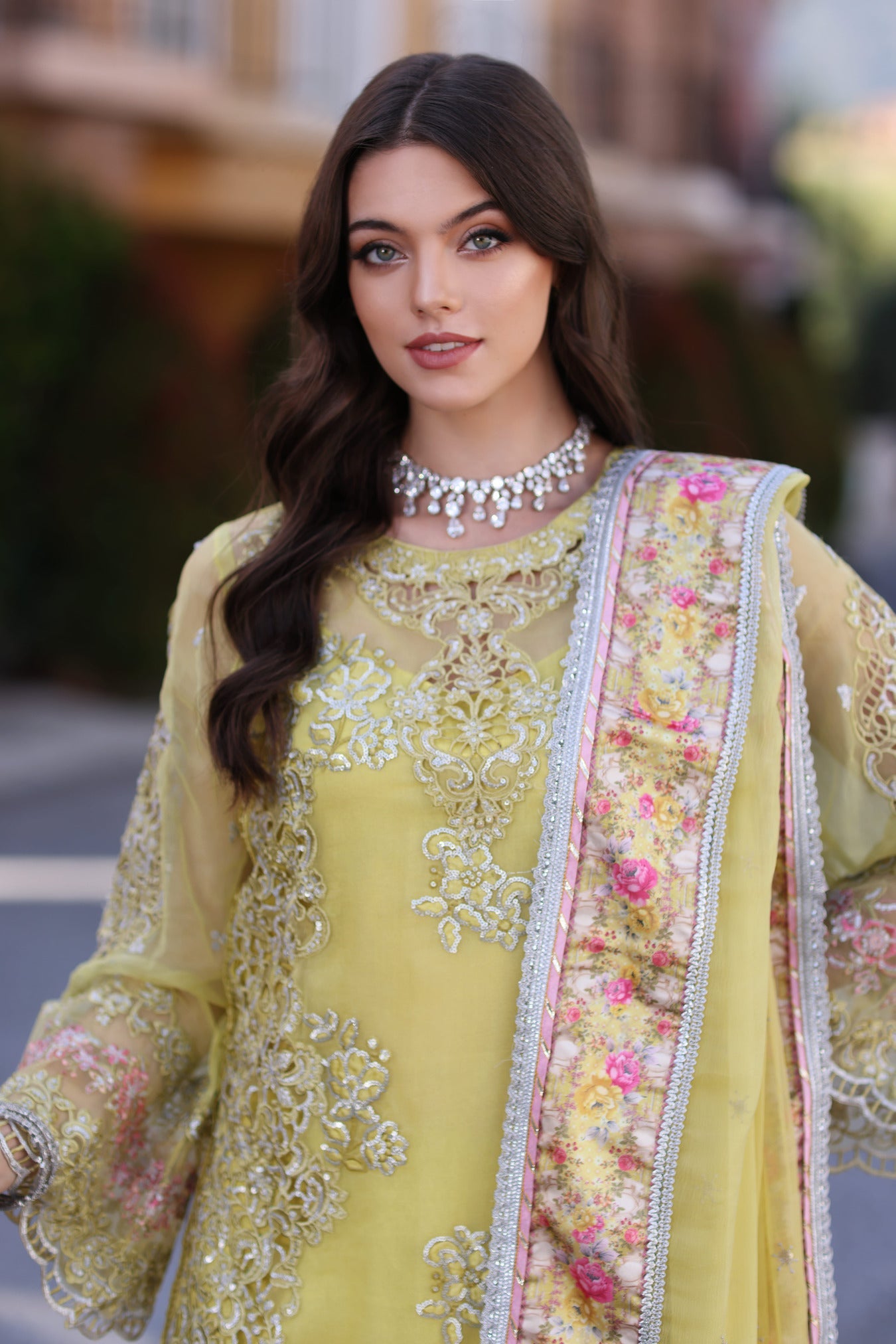 Noor Chiffon Handwork Schiffli And Laserkari CLK-23-Lime-Yellow-D4-Minali