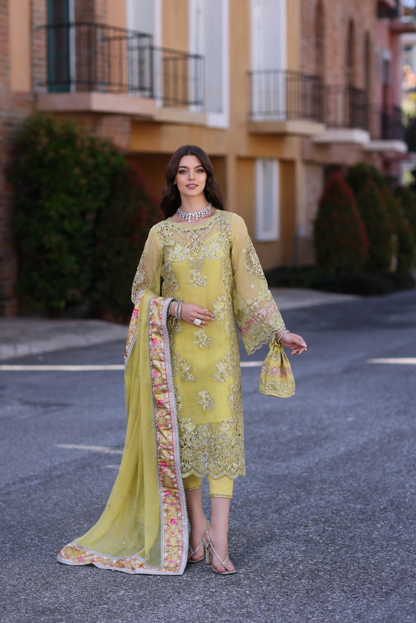 Noor Chiffon Handwork Schiffli And Laserkari CLK-23-Lime-Yellow-D4-Minali