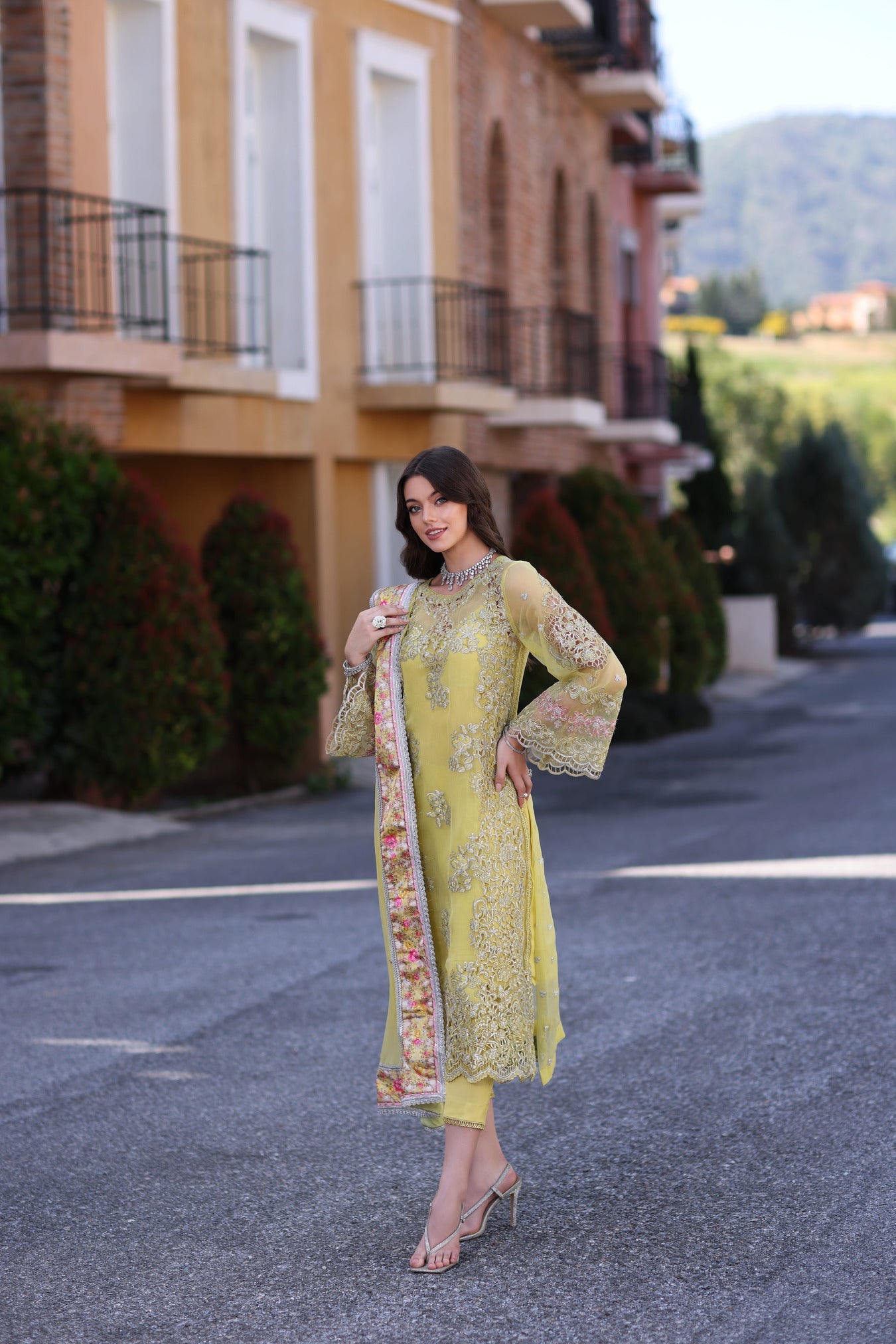 Noor Chiffon Handwork Schiffli And Laserkari CLK-23-Lime-Yellow-D4-Minali