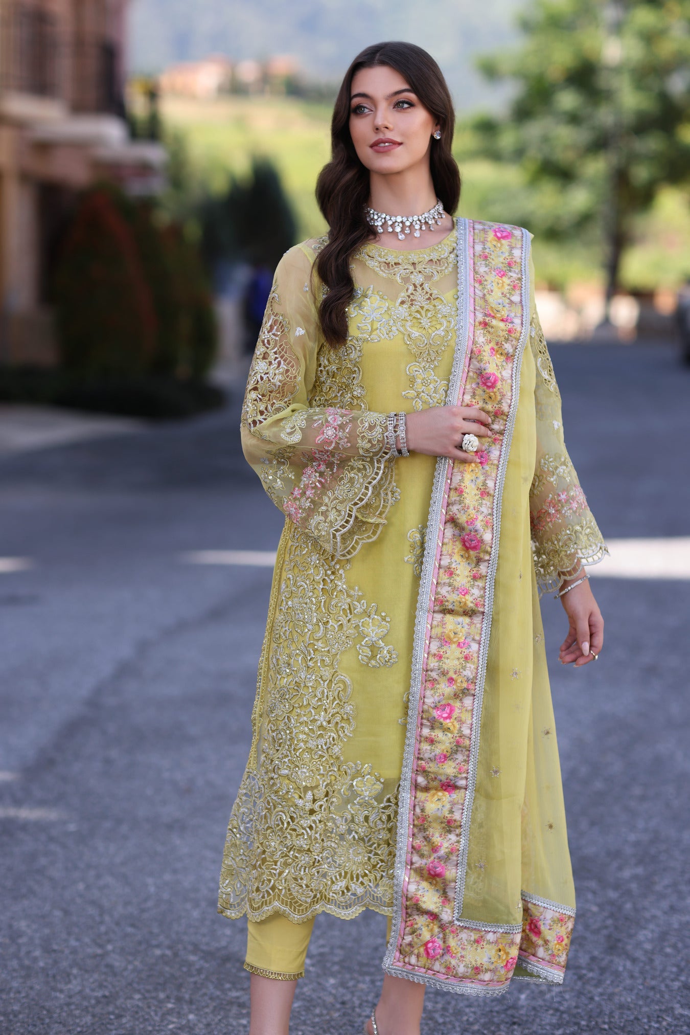 Noor Chiffon Handwork Schiffli And Laserkari CLK-23-Lime-Yellow-D4-Minali